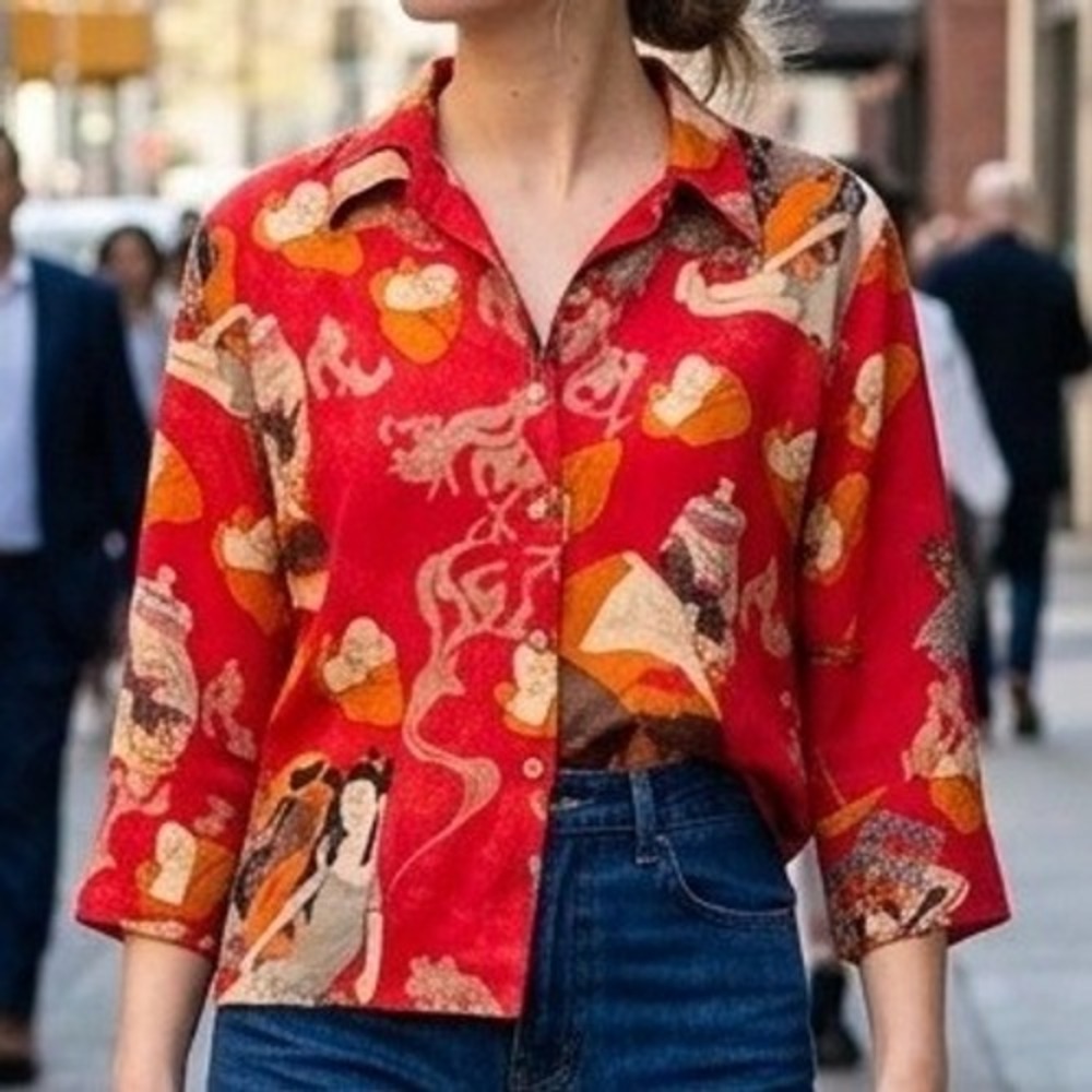 Citron Santa Monica 100% Silk Red Buddha Geisha Art Deco Print Blouse L‎ Boho